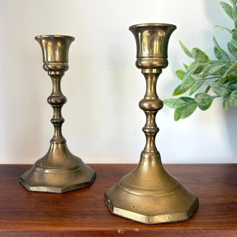 Vintage Solid Brass Candlestick Holders Pair Octagon Base Made in India 6 Inch